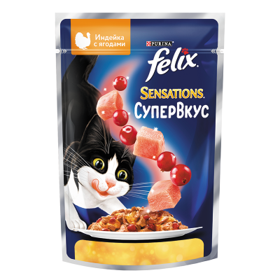 Felix Sensations Супервкус для взрослых кошек, со вкусом индейки и ягод, в желе 75гр