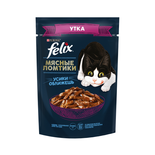 FELIX® Мясные Ломтики. Корм консервированный полнорационный для взрослых кошек, с уткой