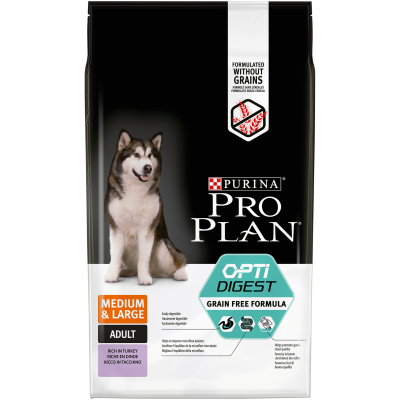 Pro Plan® Grain Free Formula (беззерновой) для взрослых собак средних и крупных пород с чувствительным пищеварением, с высоким содержанием индейки