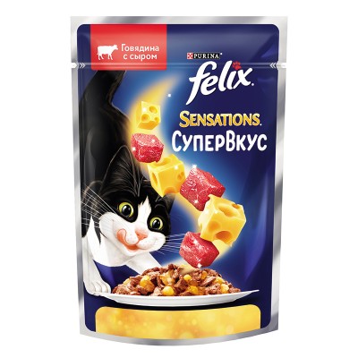 Felix® Sensations® Супервкус для взрослых кошек, со вкусом говядины и сыра, в желе