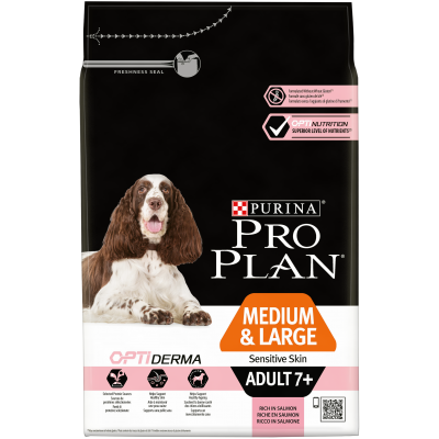 Pro Plan® для собак старше 7 лет средних и крупных пород с чувствительной кожей, с высоким содержанием лосося.