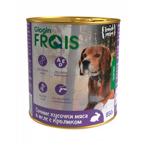 Frais Holistic Dog для собак Консервированный корм, сочные кусочки мяса в желе с кроликом, 850 г