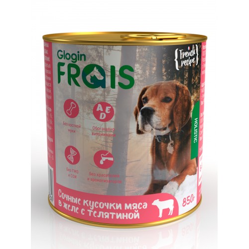 Frais Holistic Dog для собак Консервированный корм, сочные кусочки мяса в желе с телятиной, 850 г