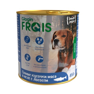Frais Holistic Dog для собак Консервированный корм, сочные кусочки мяса в желе с лососем, 850 г