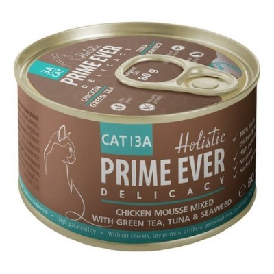 Prime Ever 3A Delicacy Мусс цыпленок с тунцом с зеленым чаем и водорослями влажный корм для кошек всех возрастов, 80 гр