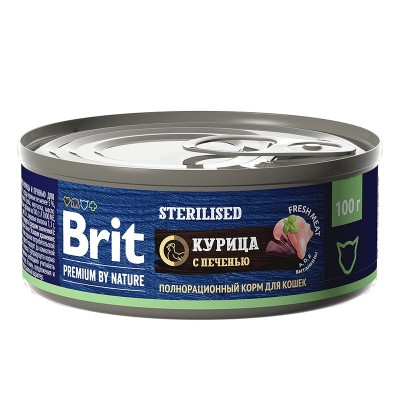 Brit Premium by Nature консервы с мясом курицы и печенью для стерилизованных кошек, 100гр