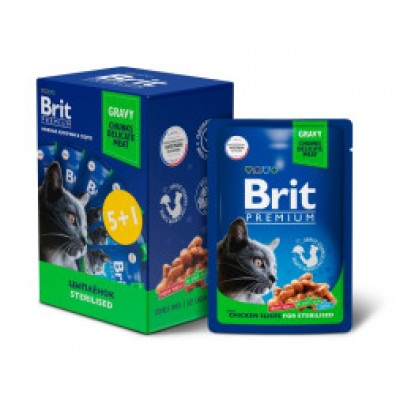 Brit Premium Паучи 5+1 Промо-Набор для взрослых стерилизованных кошек цыпленок в соусе 85гр