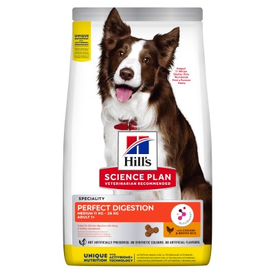 Hill's Science Plan Perfect Digestion Сухой корм для взрослых собак средних пород для поддержания здоровья пищеварения и питания микробиома, с курицей и коричневым рисом