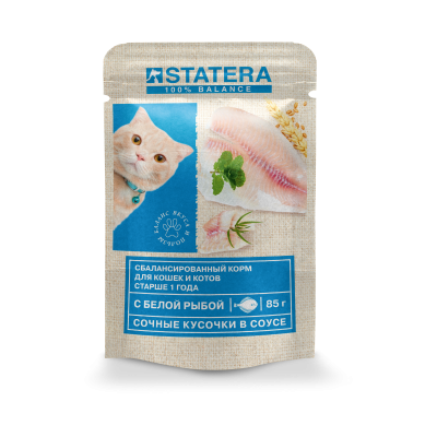 STATERA Корм для взрослых кошек с белой рыбой в соусе, 85 гр