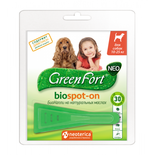 GreenFort NEO БиоКапли от клещей и насекомых для собак 10-25 кг, 1,5 мл