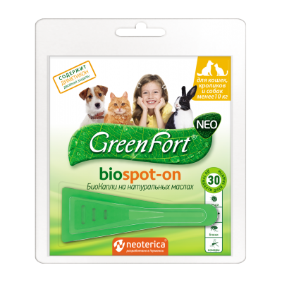 GreenFort NEO БиоКапли от клещей и насекомых для кошек, кроликов и собак до 10 кг, 1 мл
