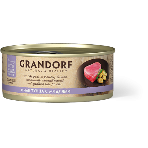GRANDORF Консервы для кошек Филе тунца с мидиями в бульоне, 70 гр