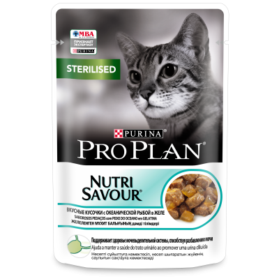 Pro Plan Nutri Savour для стерилизованных кошек и кастрированных котов, кусочки с океанической рыбой, в желе, 85 гр
