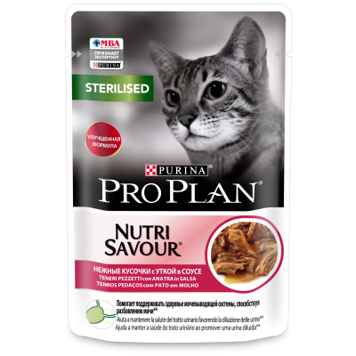 Pro Plan Nutri Savour для взрослых стерилизованных кошек и кастрированных котов, с уткой в соусе, 85 гр