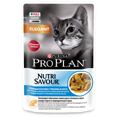 Pro Plan Nutri Savour для взрослых кошек с чувствительной кожей, нежные кусочки с треской, в соусе, 85 гр