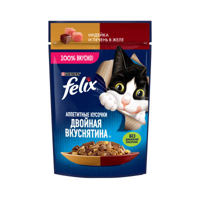 Felix Влажный корм Аппетитные кусочки, Двойная Вкуснятина для взрослых кошек, с индейкой и печенью, в желе 75 г