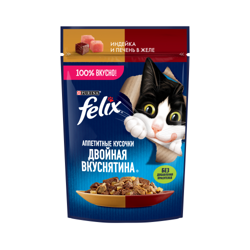 Felix Влажный корм Аппетитные кусочки, Двойная Вкуснятина для взрослых кошек, с индейкой и печенью, в желе 75 г