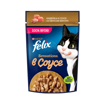 Felix Влажный корм Sensations для взрослых кошек, с индейкой в соусе со вкусом бекона 75 г
