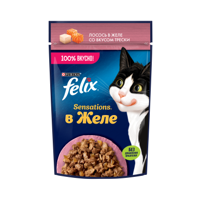 Felix Влажный корм Sensations для взрослых кошек, с лососем в желе с добавлением трески 75 г
