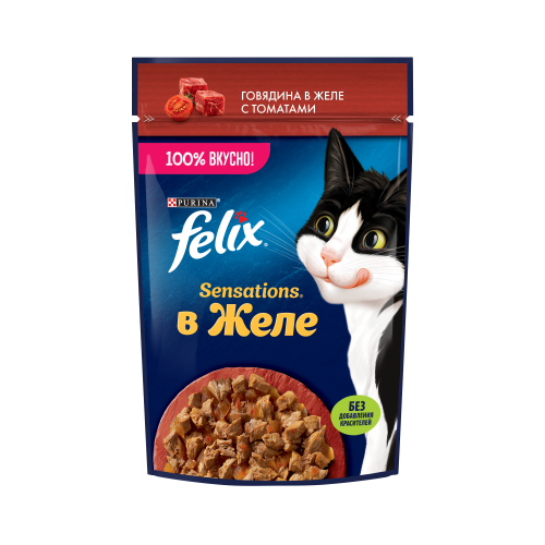 Felix Влажный корм Sensations для взрослых кошек, с говядиной в желе с томатами 75 г