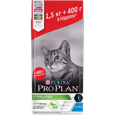 Pro Plan для взрослых стерилизованных кошек и кастрированных котов старше 1 года, с кроликом, Пакет, 1,9 кг