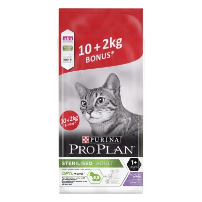 Pro Plan для стерилизованных кошек и кастрированных котов, с высоким содержанием индейки 10 кг + 2 кг в подарок