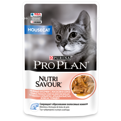 Pro Plan Nutri Savour для взрослых кошек, живущих дома, с лососем в соусе, 85 гр