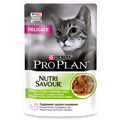 Pro Plan Nutri Savour для взрослых кошек с чувствительным пищеварением или с особыми предпочтениями в еде, с ягненком в соусе, 85 гр