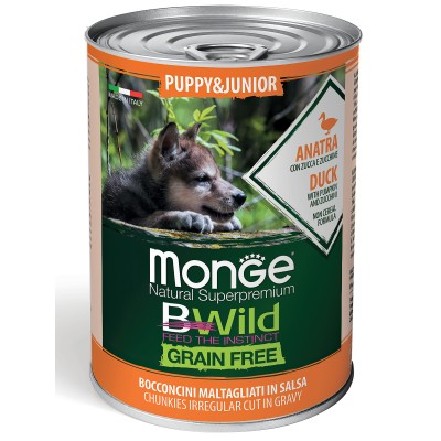 Monge Dog BWild GRAIN FREE Puppy&Junior беззерновые консервы из утки с тыквой и кабачками для щенков всех пород 400г